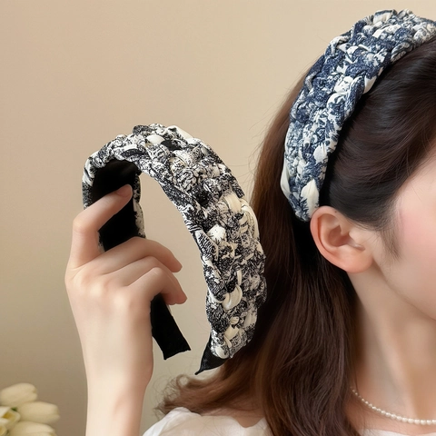 Women Vintage Braided Headband Toile De Jouy Ink Wash Floral Print Wide Padded Fabric Hair Hoop French Style Elegant Hair Accessory
