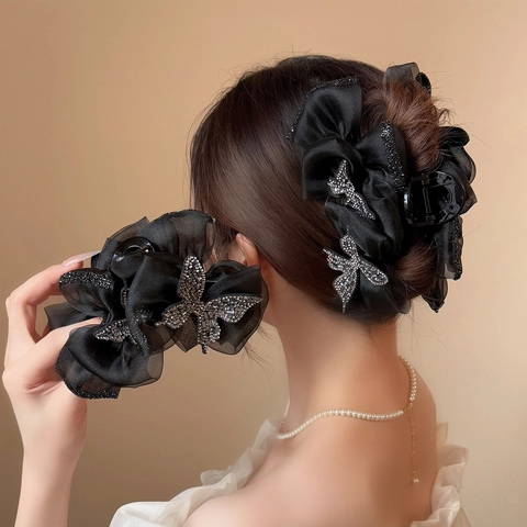 Eleganter Schwarzer Netzschleife Haarklammer Großer Strass Schmetterling Organza Shark Clip Französisch Vintage Haarschmuck Für Damen