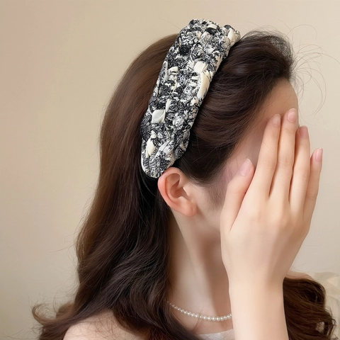 Women Vintage Braided Headband Toile De Jouy Ink Wash Floral Print Wide Padded Fabric Hair Hoop French Style Elegant Hair Accessory