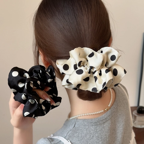 French Style Large Polka Dot Satin Scrunchies Elegant Oversized Fabric Hair Ties Vintage Ruffle Hair Accessories For Women