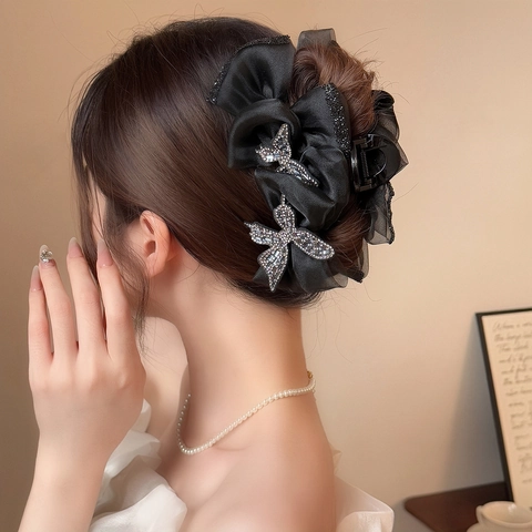 Eleganter Schwarzer Netzschleife Haarklammer Großer Strass Schmetterling Organza Shark Clip Französisch Vintage Haarschmuck Für Damen