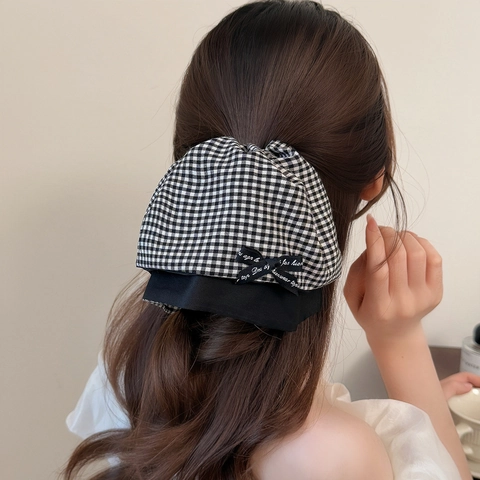 French Style Large Houndstooth Bow Hair Claw Clip For Women Vintage Plaid Fabric Hair Accessory For Daily Dating Party