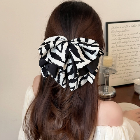 Fermaglio per Capelli con Fiocco a Righe Zebra Contrasto Nero e Bianco Nastro di Raso per Coda di Cavallo Donna Gioielli