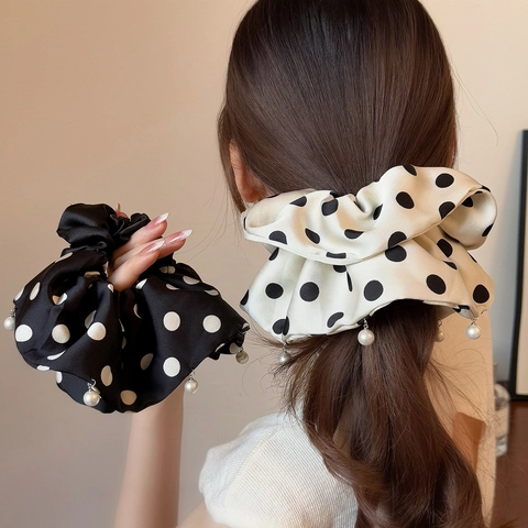 Grande Elastico per Capelli in Raso a Pois Con Pendaglio di Perla Artificial Sintetica Vintage Elegante Accessori per Capelli Donna