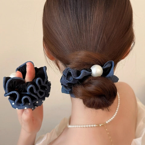 Scrunchie in Stile Coreano con Trama Denim e Perla Artificiale Eleganti Elastici per Capelli Blu Navy per Donna
