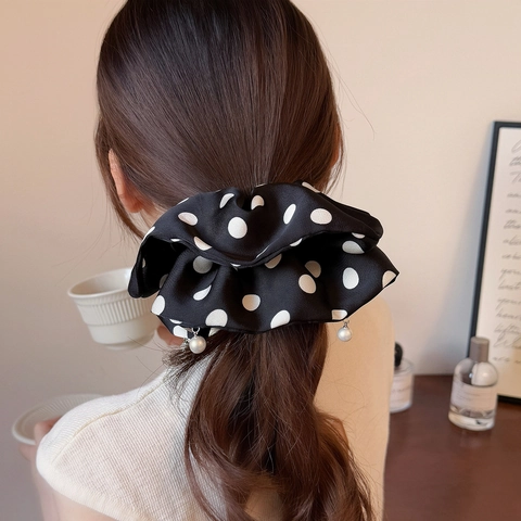 Grande Elastico per Capelli in Raso a Pois Con Pendaglio di Perla Artificial Sintetica Vintage Elegante Accessori per Capelli Donna