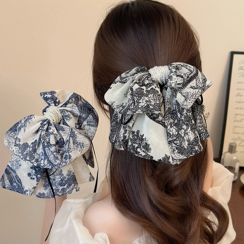 French Vintage Oversized Bow Hair Clip Toile De Jouy Print Artificial Pearl Embellished Hairpin Elegant Fabric Streamer Hair Accessories