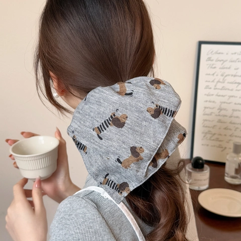 Coleteros Grandes de Estilo Coreano Dulce Gris Algodón Lino Estampado Perro Teckel Encaje Plisado Gomas de Pelo para Mujer