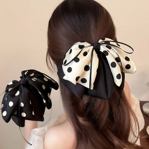 Pinza para el Pelo con Lazo de Lunares Vintage Francés Elegante Horquilla de Satén con Cinta para Coleta Mujer