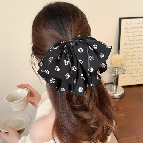 Elegante Pinza per Capelli con Fiocco a Pois per Donna Grande Fiocco in Rete Fermaglio per Coda di Cavallo Stile Coreano Vintage Accessori per Capelli