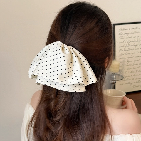 Elegante Fermaglio per Capelli a Pois in Stile Francese con Fiocco in Tessuto di Raso Chiffon Grande Accessorio Donna Party