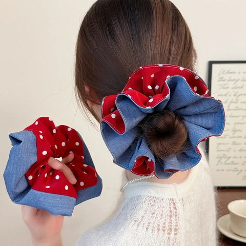 Coletero Grande de Tela Denim con Lunares y Color de Contraste Vintage para Mujer Niña Hecho a Mano Accesorios de Moda para el Cabello