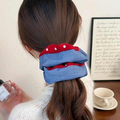 Coletero Grande de Tela Denim con Lunares y Color de Contraste Vintage para Mujer Niña Hecho a Mano Accesorios de Moda para el Cabello