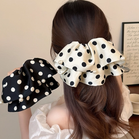 Fermaglio per Capelli a Fiocco in Satin a Pois Grande Stile Francese Elegante Clip a Molla con Perle Artificiali Donna