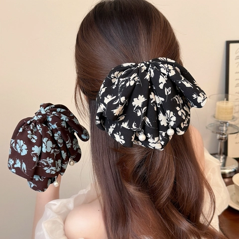 Fermaglio Per Capelli Con Fiocco In Tessuto Floreale In Stile Coreano Con Pendente In Perla Artificiale Elegante Grande Clip Per Coda Di Cavallo Donna