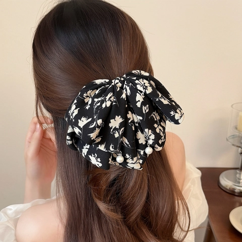 Fermaglio Per Capelli Con Fiocco In Tessuto Floreale In Stile Coreano Con Pendente In Perla Artificiale Elegante Grande Clip Per Coda Di Cavallo Donna