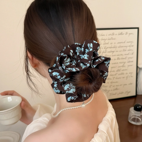 French Retro Floral Print Scrunchies With Artificial Pearl Pendant Double Layer Cloth Elastic Hair Ties For Women Hair Styling
