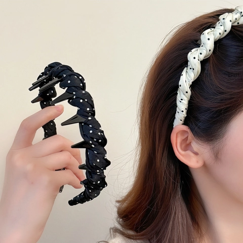 Cerchietto Intrecciato in Velluto Vintage a Pois per Donna Antiscivolo Fascia Larga Con Denti Accessori per Capelli