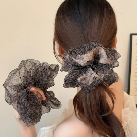 Coletero de Malla con Estampado de Leopardo Vintage de Gran Tamaño Burbuja Plisado Retro Diadema Elástica para el Cabello Accesorios de Moda para Mujer
