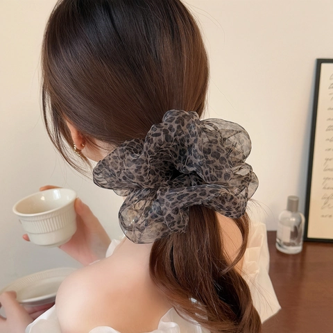 Coletero de Malla con Estampado de Leopardo Vintage de Gran Tamaño Burbuja Plisado Retro Diadema Elástica para el Cabello Accesorios de Moda para Mujer