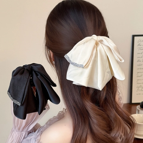 Elegante Fermaglio per Capelli a Fiocco Grande in Raso per Donna Artiglio per Capelli in Tessuto con Bordo in Strass Moda