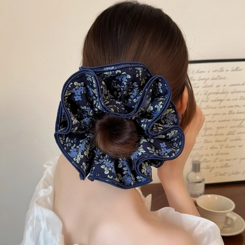 Franse Stijl Retro Marineblauw Bloemen Grote Haarelastiek Handgemaakt Geplooid Stof Haartouwtje Voor Vrouwen Sieraden