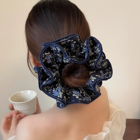 Franse Stijl Retro Marineblauw Bloemen Grote Haarelastiek Handgemaakt Geplooid Stof Haartouwtje Voor Vrouwen Sieraden