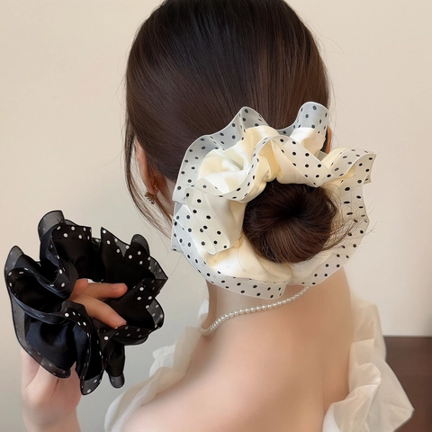 French Style Polka Dot Satin Mesh Scrunchies For Women Large Double Layer Elastic Hair Ties Ponytail Holder Hair Accessories