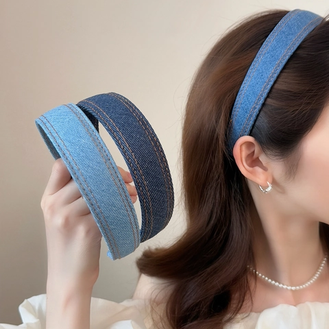 Klassischer Denim Stoff Haarreif Für Damen Vintage Kontrastnähte Breites Haarband Blau Denim Einfacher Lässiger Kopfschmuck