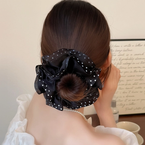 French Style Polka Dot Satin Mesh Scrunchies For Women Large Double Layer Elastic Hair Ties Ponytail Holder Hair Accessories