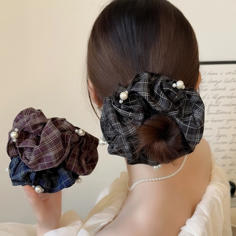 Elastico per Capelli Scrunchie in Rete a Quadretti Retrò Francese Con Perle Artificiali Donna Stile Coreano Blu Marino