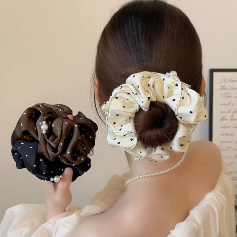 Eleganti Elastici per Capelli in Raso a Doppio Strato Con Motivo a Pois e Cuore e Perle Artificiali per Donna