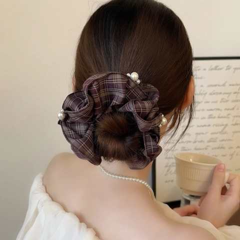 Elastico per Capelli Scrunchie in Rete a Quadretti Retrò Francese Con Perle Artificiali Donna Stile Coreano Blu Marino