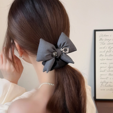 Eleganter Gepolsterter Grauer Schleifen Haargummi Koreanischer Stil Strass Haarseil Kamelie Parfümflasche Anhänger Damen Haarschmuck