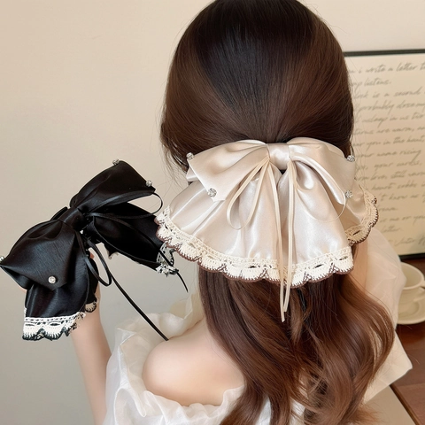 Elegante Satijnen Strik Haarclip Met Kantafwerking Strass Franse Vintage Geplooide Strik Paardenstaart Houder Voor Dames