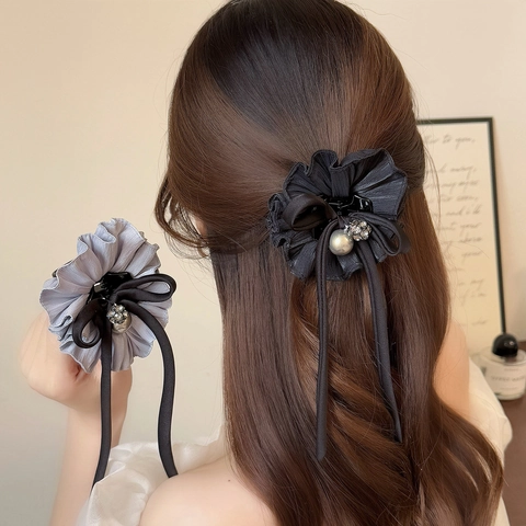 Molletta per Capelli Elegante in Tessuto Fiore Con Pieghe Francesi Lega Perla Artificial d'Imitazione Strass Fiocco Nastro Lungo Accessorio
