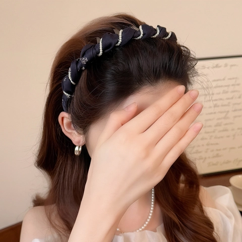 Cerchietto per Capelli in Tessuto Intrecciato Stile Coreano Con Decorazione in Perle Artificiali Denti Antiscivolo Fantasia Floreale Donna