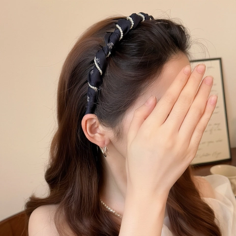 Cerchietto per Capelli in Tessuto Intrecciato Stile Coreano Con Decorazione in Perle Artificiali Denti Antiscivolo Fantasia Floreale Donna