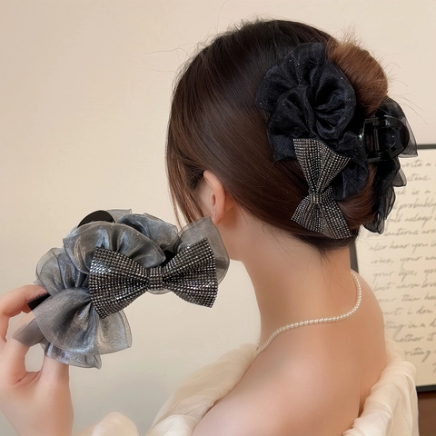 Grande Molletta per Capelli Elegante con Fiocco in Organza Stile Coreano Strass Farfalla Rete Clip a Squalo Accessori Donna