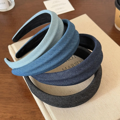 Vintage Denim Stoff Gepolstertes Haarband Für Damen Breiter Rand High Top Kopfband Mode Lässig Stoff Haarschmuck
