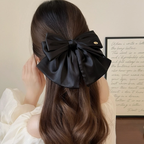 Große Satin Schleife Haarspange Elegant Französisch Fee Stil Seidentextur Schleife Haarnadel Mit Gold Metall Emblem Für Damen Accessoire