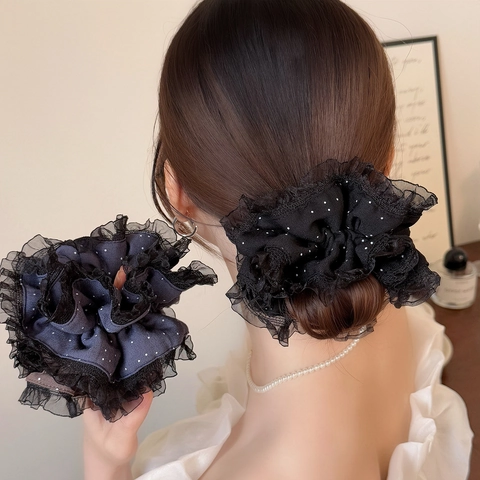 Vintage Polka Dot Scrunchie With Lace Edge French Style Oversized Hair Tie For Women Elegant Elegant Hair Accessories