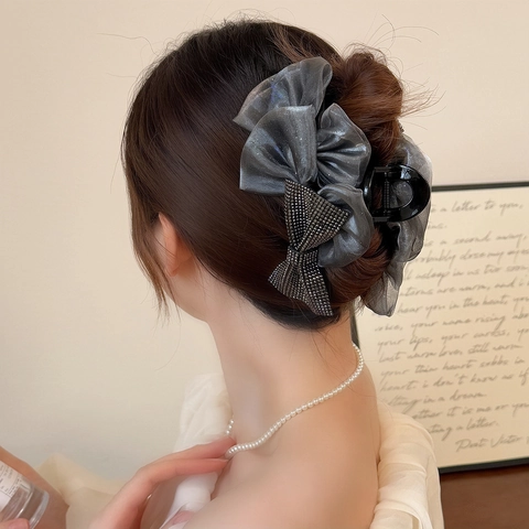 Grande Molletta per Capelli Elegante con Fiocco in Organza Stile Coreano Strass Farfalla Rete Clip a Squalo Accessori Donna