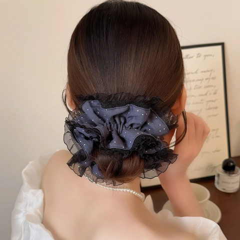 Vintage Polka Dot Scrunchie With Lace Edge French Style Oversized Hair Tie For Women Elegant Elegant Hair Accessories