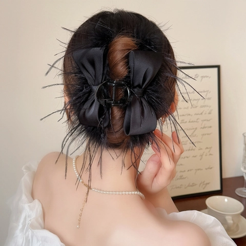 Schwarze Feder Schleife Haarklammer Satinband Elegant Französisch Vintage Große Haarkralle Für Damen Haarknoten Zubehör