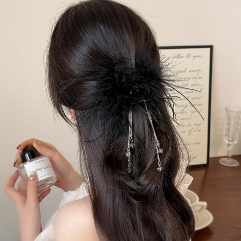 Elegante Pinza de Garra para el Cabello con Borla de Pluma y Diamantes de Imitación para Mujer Boda Fiesta Joyería