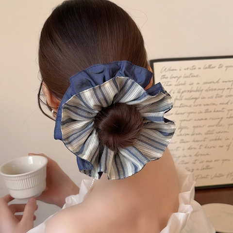 Women Oversized Fabric Scrunchie Blue White Striped Double Layer Patchwork Hair Tie High Elastic Pleated Accessories