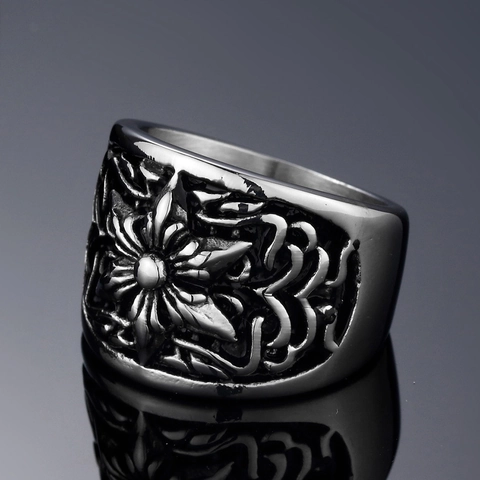 Vintage Titanium Steel Hexagram Flower Wide Band Ring Retro Punk Gothic Scrollwork Jewelry For Men Daily Party Accessory