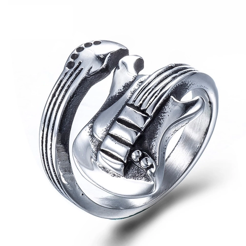 Anello Aperto a Chitarra in Acciaio Inossidabile Vintage da Uomo Retro Regolabile Rock Punk Tema Musicale Gioielli Moda