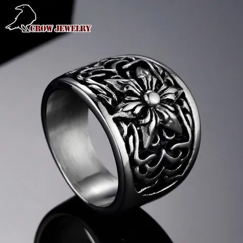 Vintage Titanium Steel Hexagram Flower Wide Band Ring Retro Punk Gothic Scrollwork Jewelry For Men Daily Party Accessory